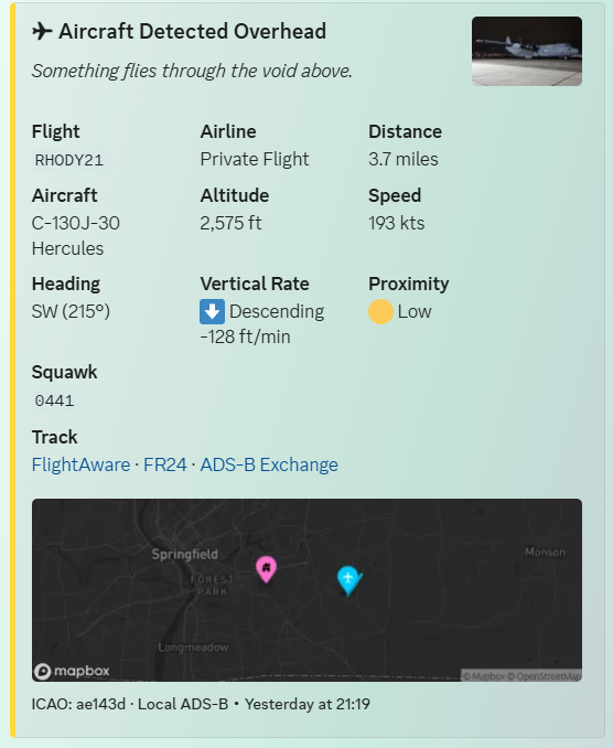 RHODY21 C-130J Super Hercules detected overhead